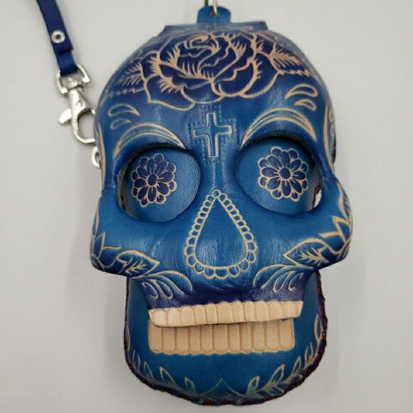 Sugar Skull Leather Wristlet Wallet Gift Small Pouch Keychain Day of the Dead - Picture 13 of 13